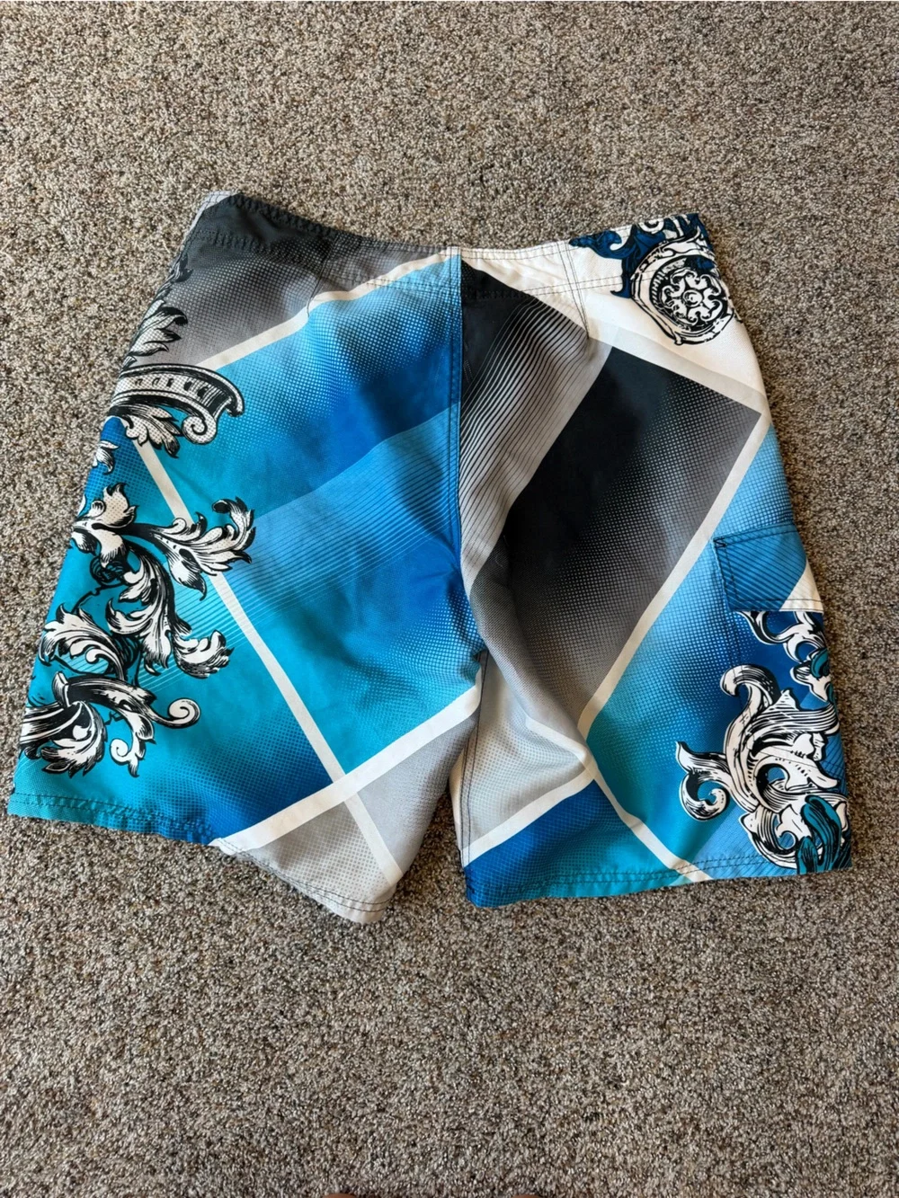 Ocean Pacific OP Mens 36 Y2K Board Shorts Blue Baroque Graphic Surf Swim Trunks